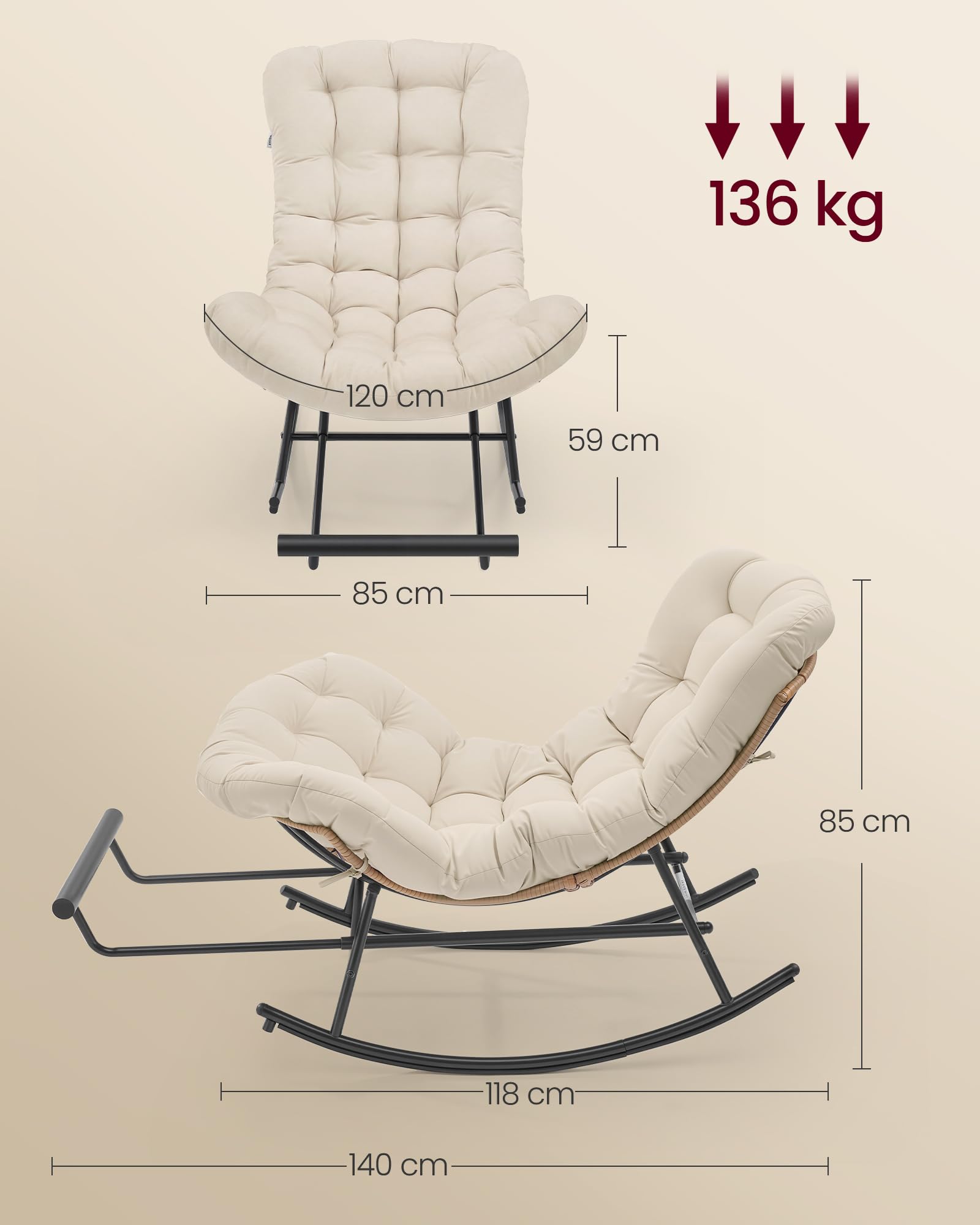 VASAGLE Sedia a Dondolo, Poltrona a Dondolo, Struttura in Acciaio, Poggiapiedi Estraibile, Cuscino Rimovibile, Portata 136 kg, Camera da Letto Soggiorno Terrazza Giardino, Beige LYY062WZ01