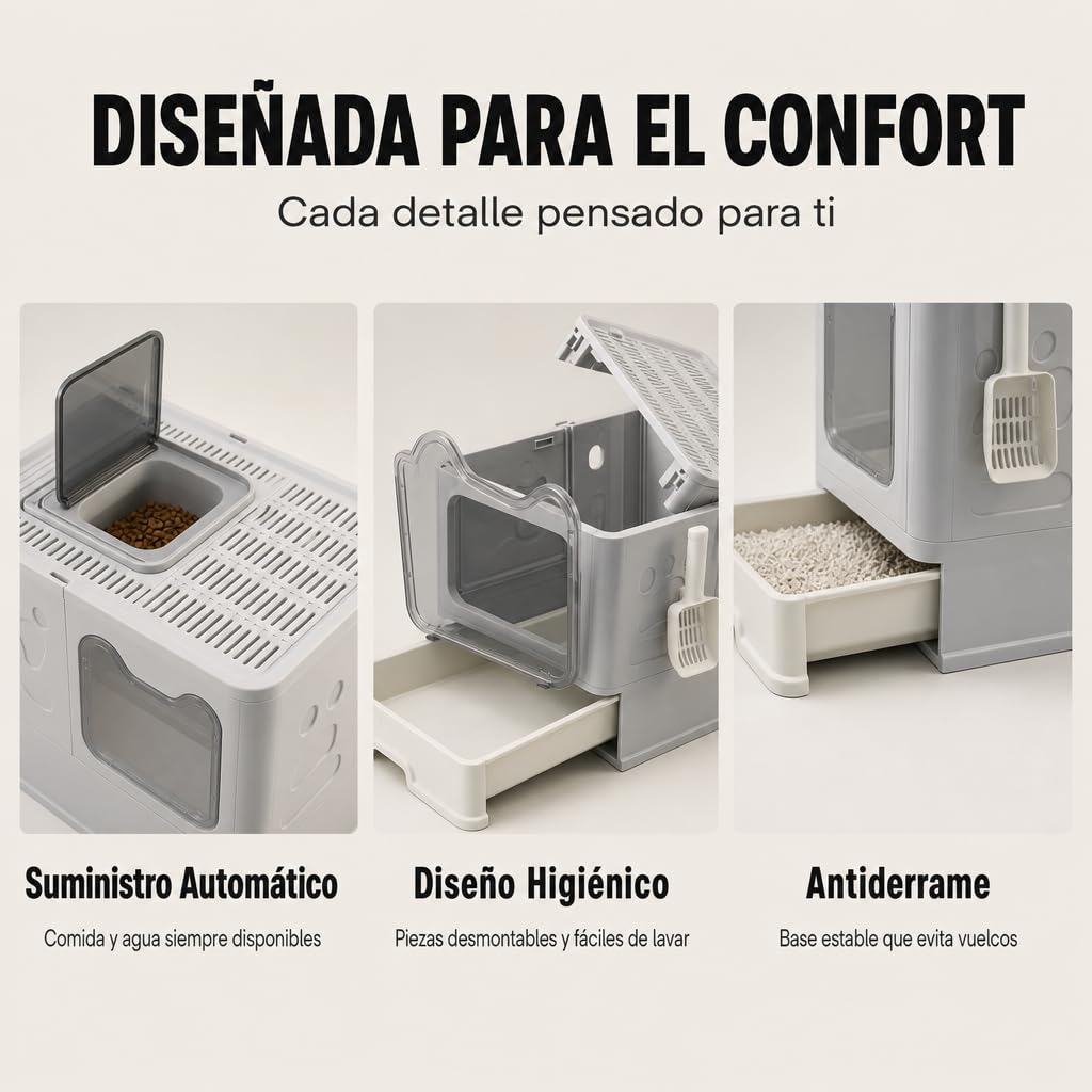 Arenero para Gatos Cerrado con Cajón Extraíble y Doble Entrada – Bandeja Higiénica con Tapa, Puerta Transparente, Entrada Superior con Rejilla Filtrante y Pala Incluida, Anti-Olor, Fácil Limpieza
