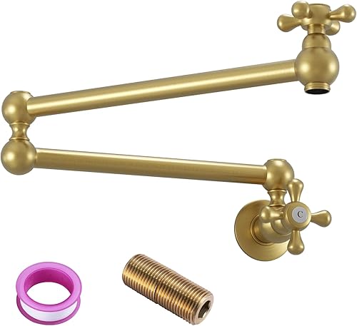 WHSHOWER Grifo de llenado de ollas de oro cepillado, grifo de cocina de latón plegable de un solo orificio, montaje en pared, grifo de cocina sobre