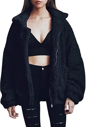 Comeon Women's Coat Casual Lapel Fleece Fuzzy Faux Shearling Zipper Coats Warm Winter Oversized Outwear Jackets