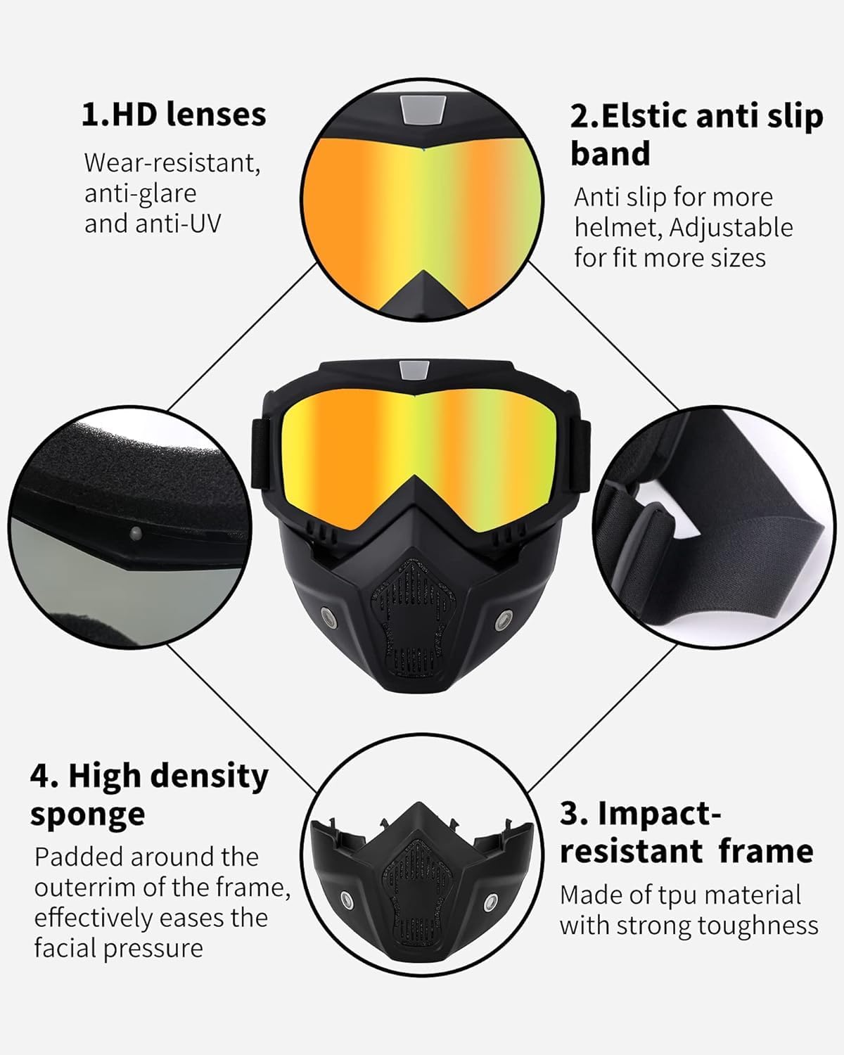 ARURA (LABEL) Motorcycle Goggle mask Anti Scratch UV Protective Face Mask, Bike Riding Goggles Mask with Detachable Face Mask, Adjustable Elastic Strap Goggles Mask for Helmet (Rainbow) 3