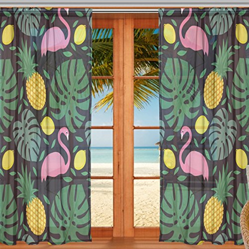 マキク(MAKIKU) ミラーレースカーテン 遮光 断熱 遮熱 レースカーテン 熱帯風 パイナップル柄 かわいい フラミンゴ 出窓 ドアカーテン おしゃれ シェードカーテン UVカット 薄い 目隠し 幅140cm×丈200cm 2枚組
