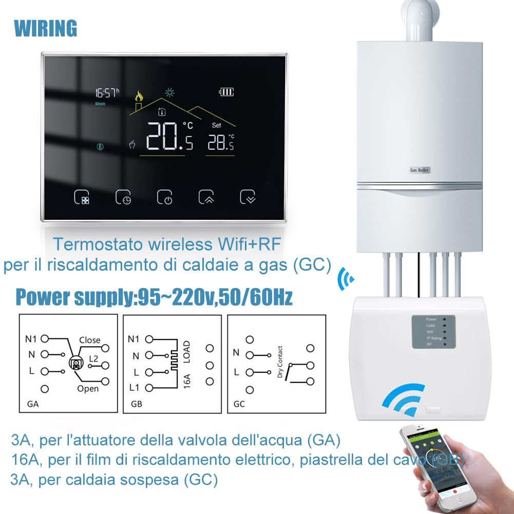 Termostato wifi a batería, termostato caldera de gas compatible con Alexa Google Home, cronotermostato wifi inteligente a batería con programación digital, termostatos para calefacción doméstica