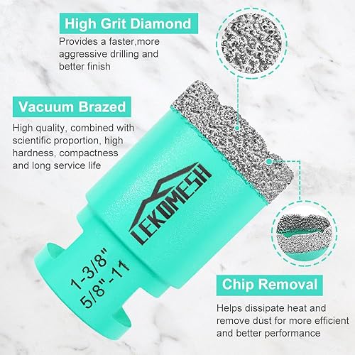 Miniatura 6 de Brocas de núcleo de diamante, 1-38 pulgadas con rosca de 58 pulgadas y 11 roscas, cortador de sierra de perforación en seco para azulejos de