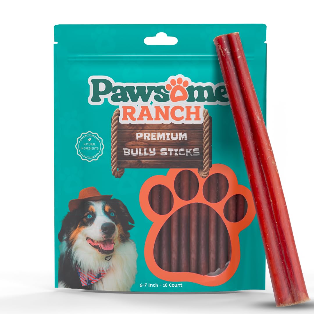 Pawsome Ranch Bully Sticks 6–7" — 10 Count | Natural Single-Ingredient, Long-Lasting Dog Chews; Dental Support Treats for Small, Medium & Large Dogs