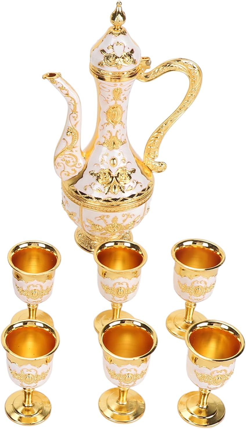 Vintage Metal Tea Pot Set Elegant Turkish Coffee Pot with Cups for Home Wedding (Gold White)