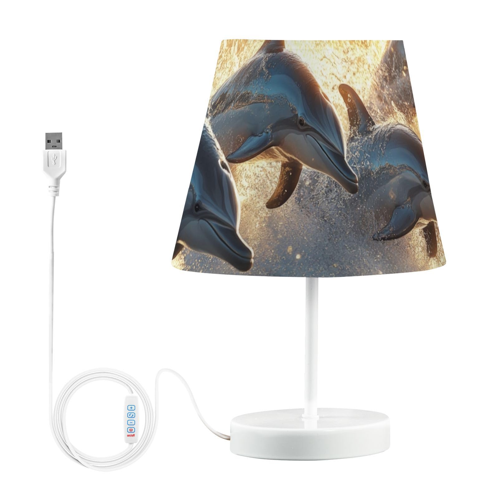 PDZRMY Bedside Table Lamp Group Dolphins Surfing Waves Shade 3-Way Dimmable Desk Lamp with USB Port Nightstand Lamp for Bedroom Living Room Desk Dorm