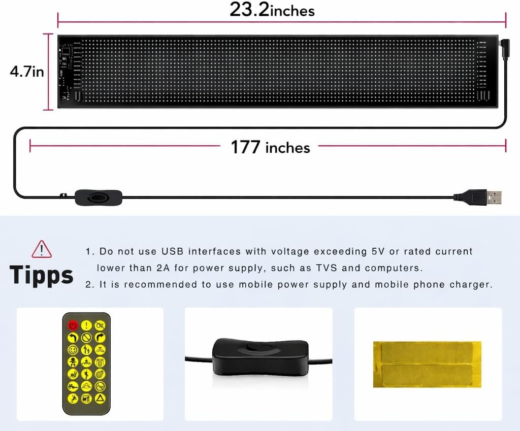 Programmable LED Message Board, Digital Scrolling Sign with App Control for Store Window, Shop, Bar, and Car Display, USB Powered (23 x 4.7Inch)