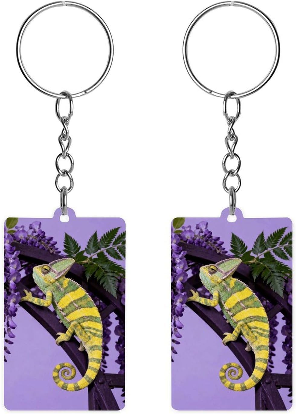 Double Sided Acrylic Chameleon on Wisteria Keychain with Metal Chain