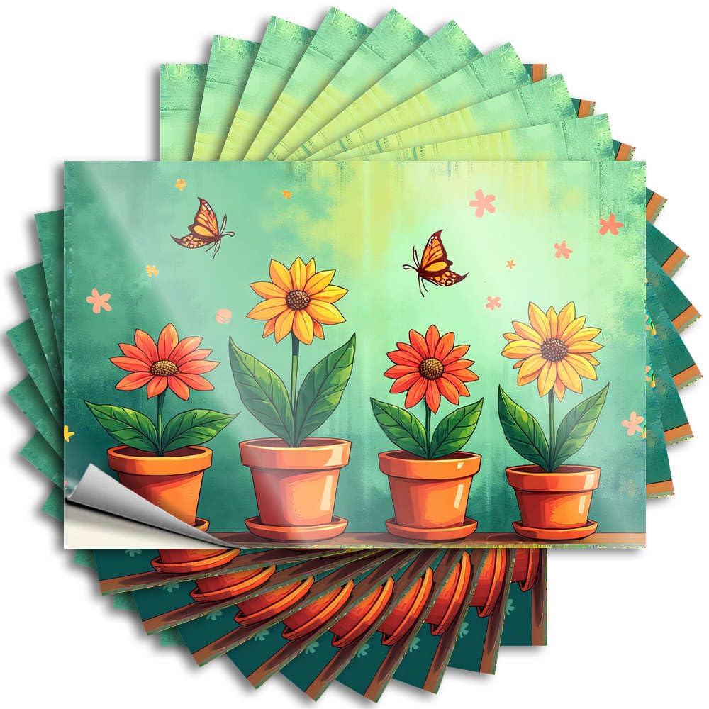 Fzfn Colour Stickers Window Cozy Four Potted Flowers With Butterflies Flying Around For Math - Tiki Easy Peel Removable(12X18cm)