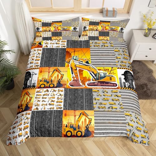 Excavator Duvet Cover for Boys Kids, Construction Trucks Tractor Kawaii Bedding Set, Bulldozer Crane Cement Mixer Twin Comforter Cover, Geometric Patchwork Quilt Cover Stripes Black and White Decor