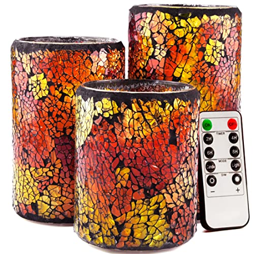 TELOSMA LED Mosaic Flameless Candle, Red Yellow Cracked Glass Pattern Pillar Candle - Centerpieces Table Bed Fireplace Autumn Decor - Set of 3