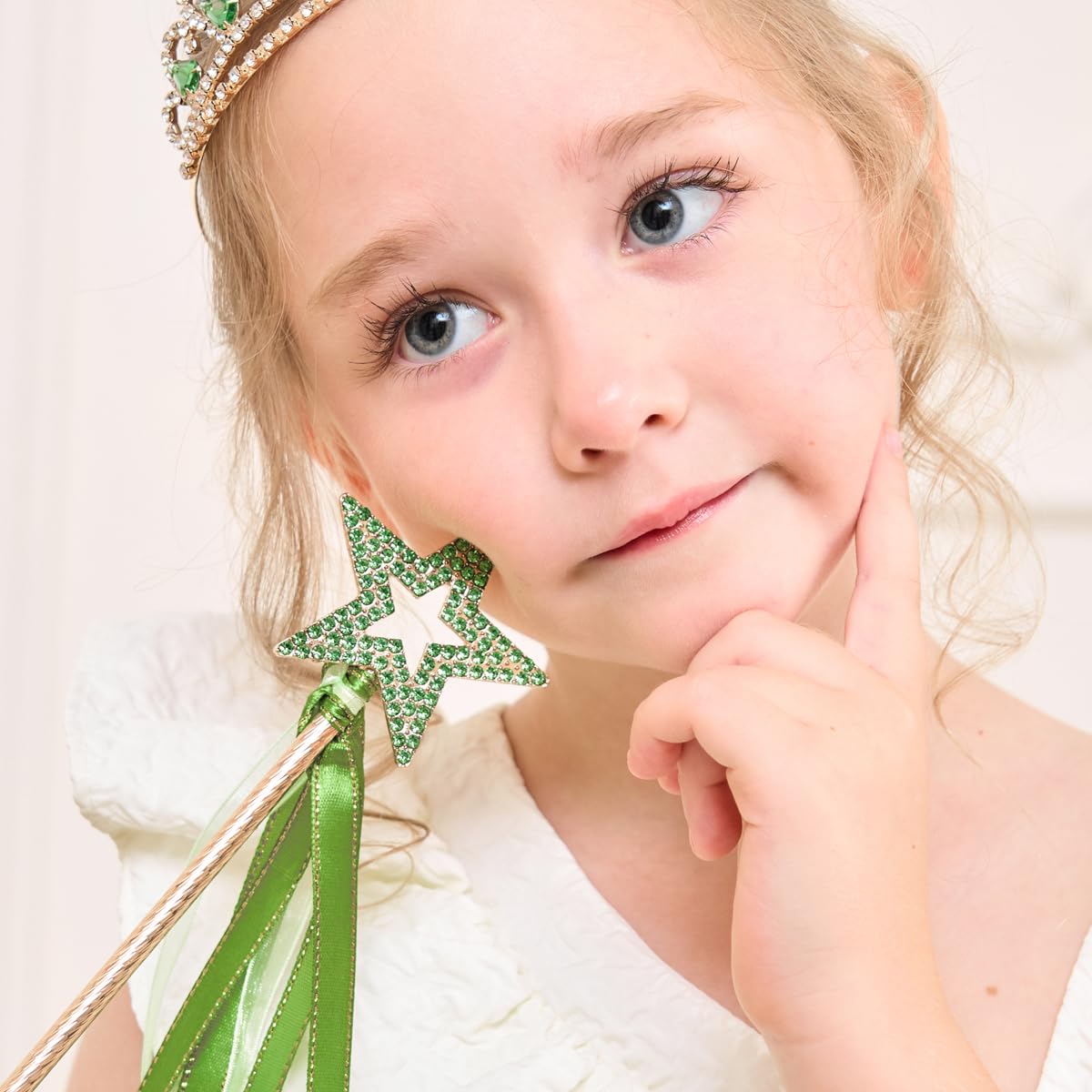Lovelyshop Green Crystal Gold Metal Star Fairy Wand with Ribbon for Girls Halloween Decorations, Green-gold - Image 2