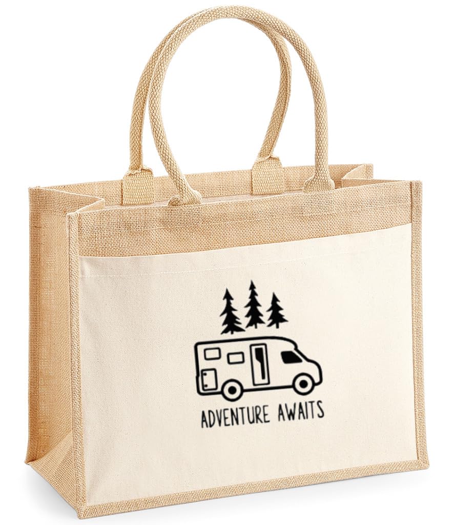 Motorhome Tote Bag โ Campervan Travel Gift, Eco-Friendly Jute Shopping Bag with Cotton Pocket โ Caravan Lovers, Road Trips, Camping & Van Life, Motorhome Gift (M)