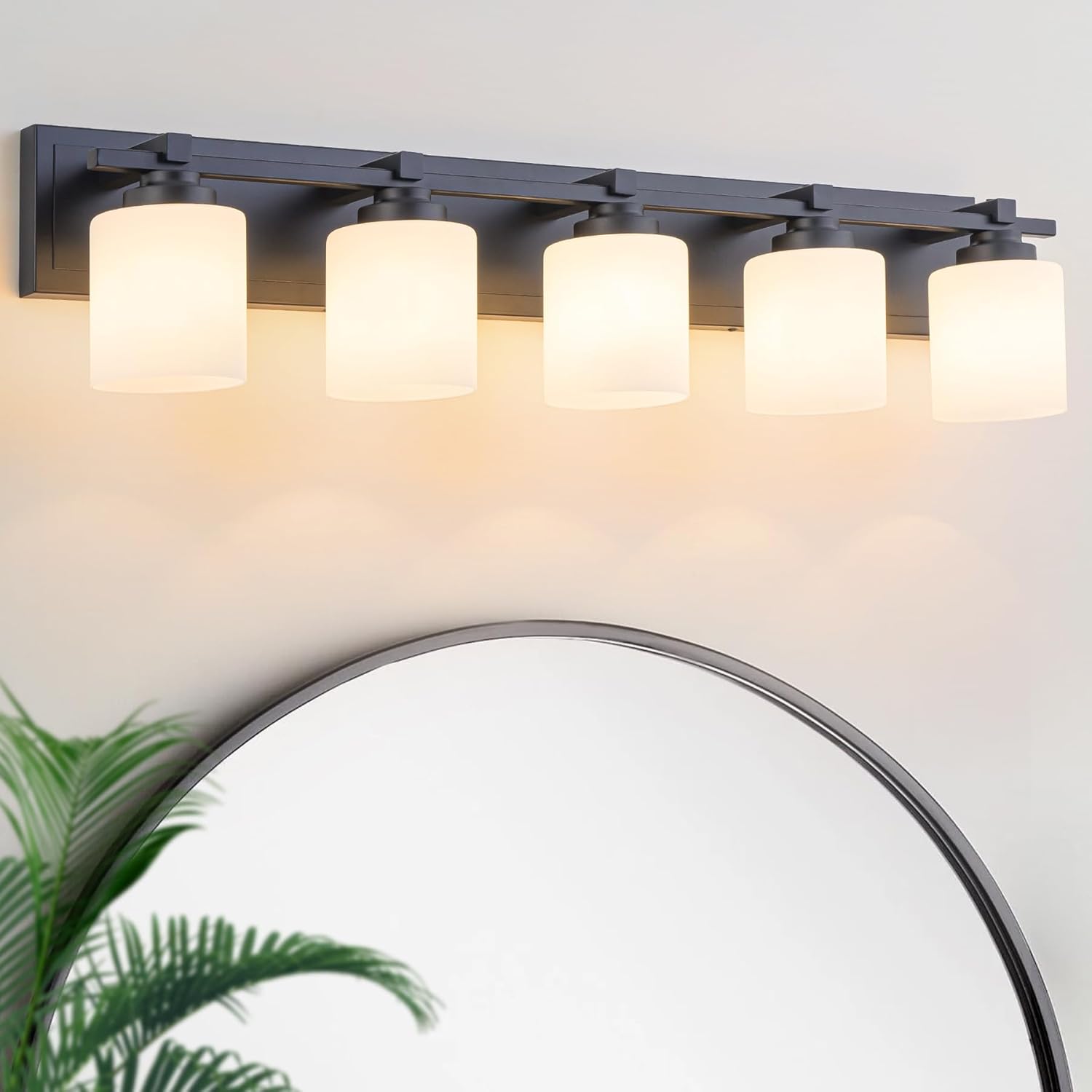 5 Light Modern Bathroom Light Fixtures Over Mirror, Black Vanity Lights for Bathroom Wall Sconces with Milky White Glass Shades, E26 Socket (Bulbs Not Included) Black 5-Lights