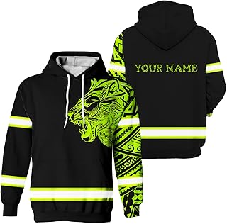HiVis Custom Hi Vis Hoodie Hi Viz Lion Hawaiian Polynesian Tribal High Visibility Hoodie For Men Class 3 Reflective Tapes Safety Hi Vis Workwear, Runners, Walkers, Trucker, Operator 1-2XL