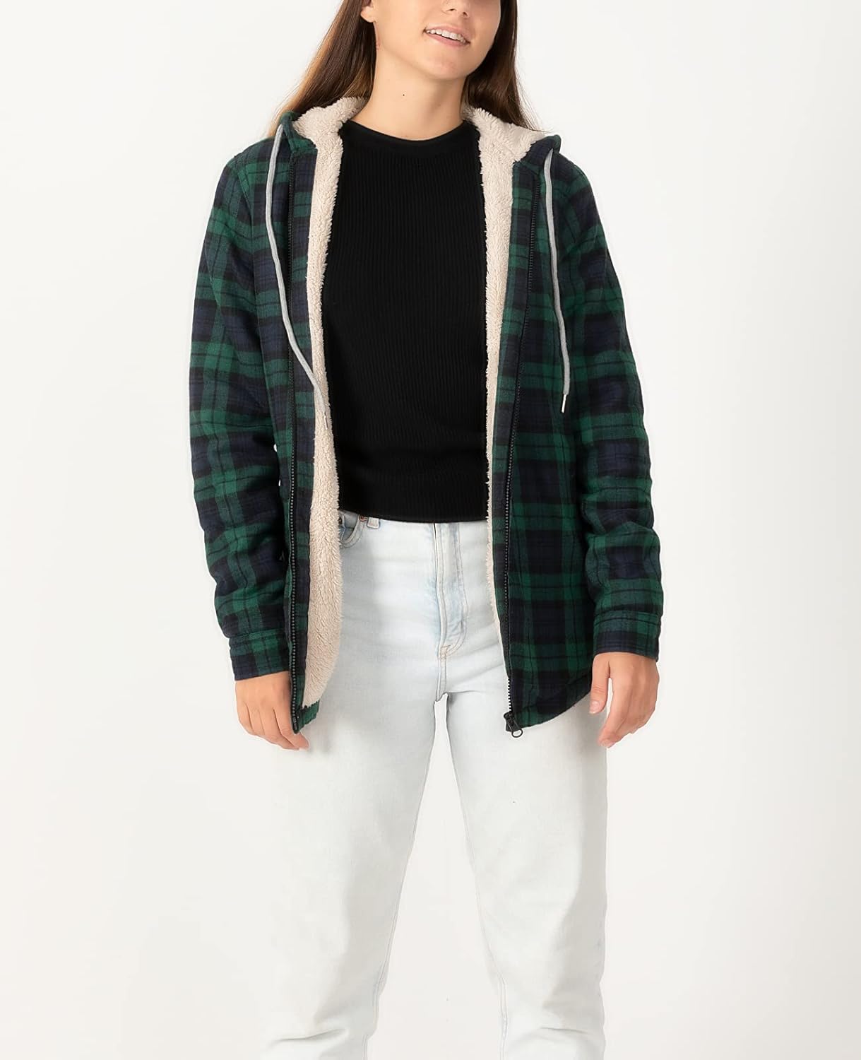 ZENTHACE Womens Sherpa Lined Flannel Jacket Winter Full Zip Up Hooded Plaid Shacket with Side Pockets - Image 6