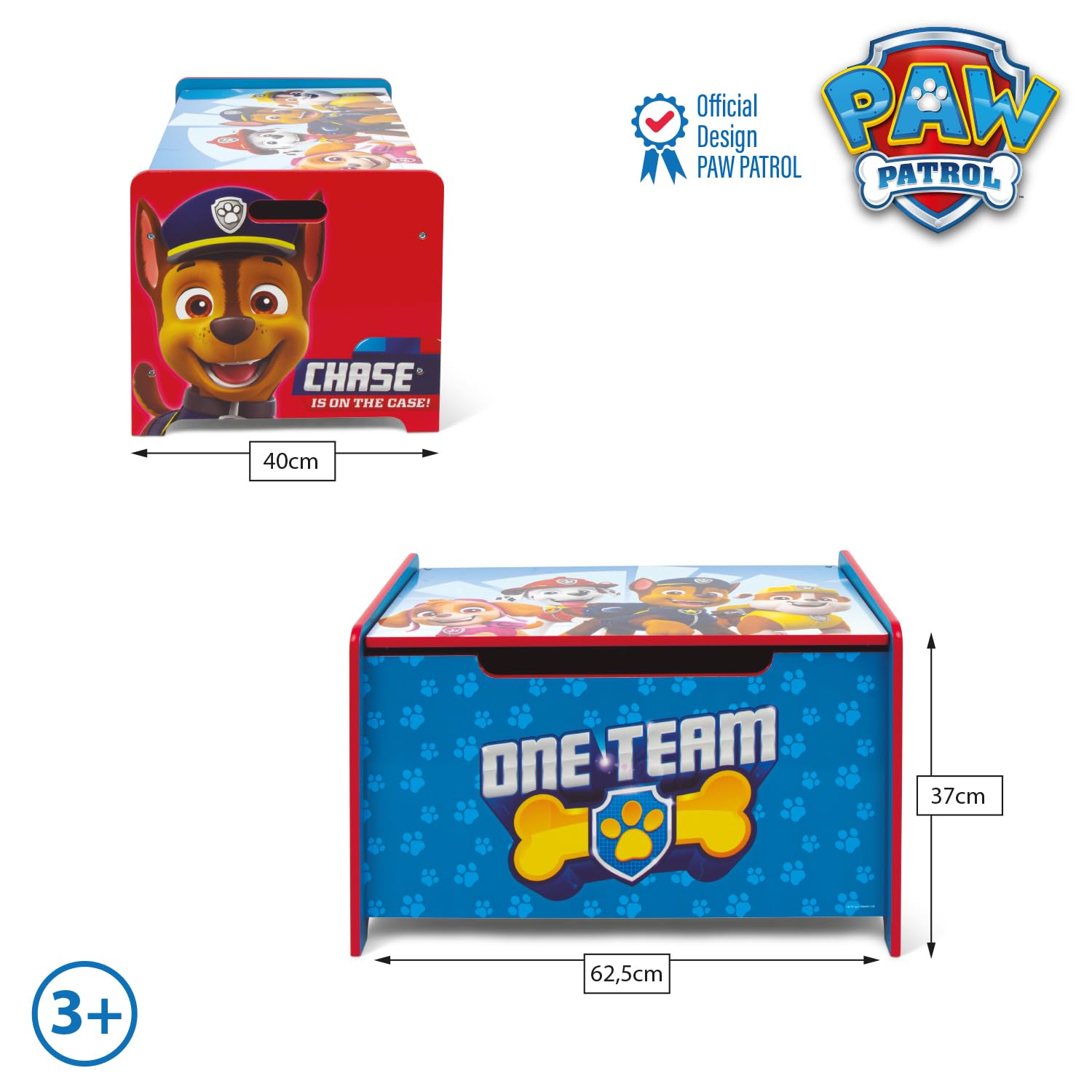 ARDITEX - Banco juguetero de madera de La Patrulla Canina (de Nickelodeon) - 62.5x40x37cm - Color azul - Ideal para almacenar juguetes, ropa o cosas en un dormitorio infantil