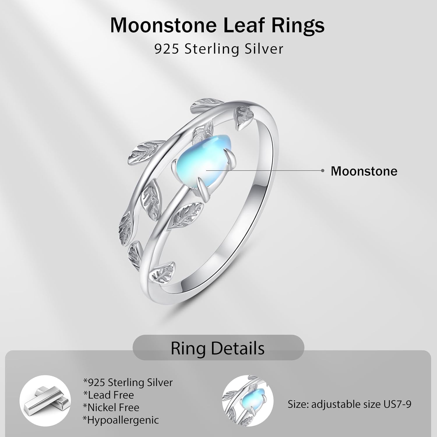PRAYMOS 925 Sterling Silver Leaf Ring White Opal Moonstone Rings Adjustable Open Ring for Women with Jewelry Box Size 7-9