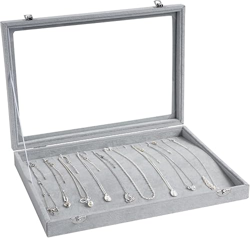 Wudygirl Organizador de collares de terciopelo con 20 ganchos, escaparate para collares, joyero, apilable, parte superior de cristal con cerradura