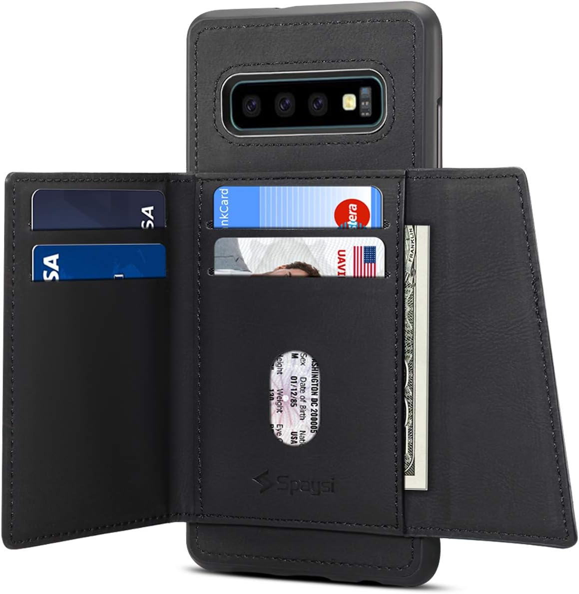 Samsung Galaxy S10 Plus Card Holder Case S10 Plus Wallet Case Bifold Slim, Spaysi Galaxy S10 Plus Folio Leather case, Flip Cover, Gift Box, for S10+ Plus (Black)