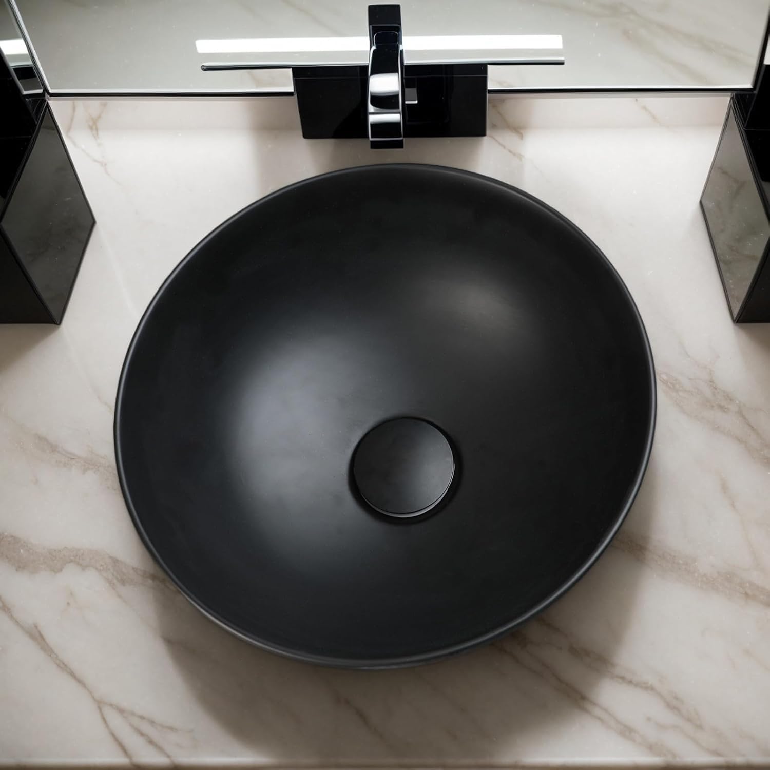 Bathroom Vessel Sink 13" Round Stone Resin Vessel Sink with Pop-Up Drain Combo Black Vessel Sink,Bathroom Small Sink Above Counter, Art Basin Vanity Sink