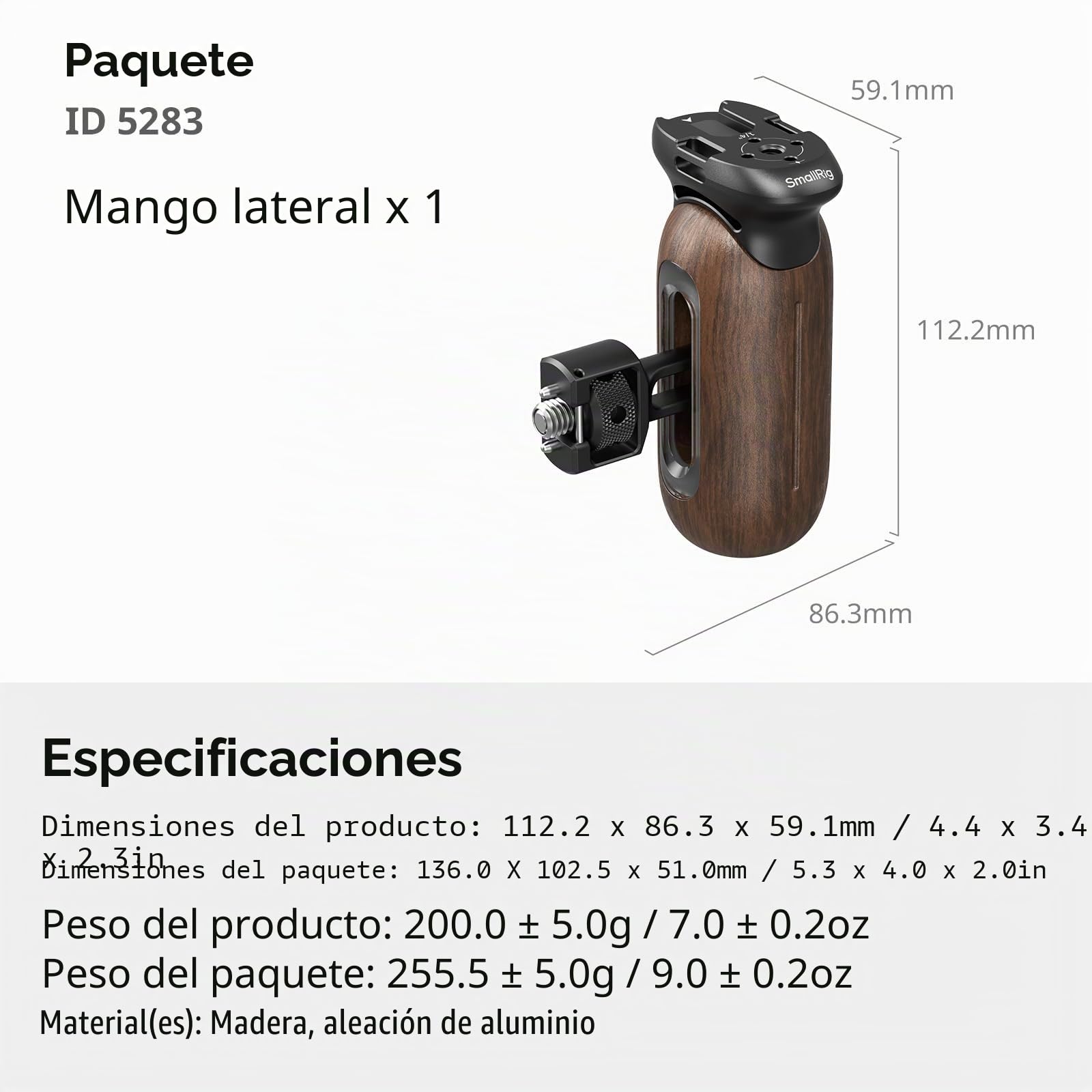 SMALLRIG Mango lateral Wooden para jaulas de cámara con tornillo de posicionamiento 2 en 1, mango ergonómico izquierdo o derecho, ajuste vertical de 29 mm, capacidad de carga de 15 kg/33,1 lb
