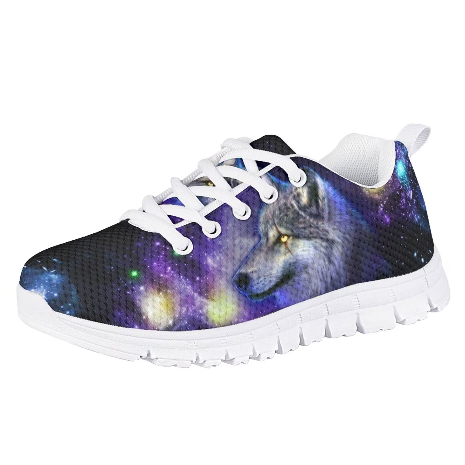 Zapatillas de deporte para niñas Comfort Mesh Transpirable con cordones Zapatos de suela blanca, Lobo de noche estrellada galaxia, 33 EU