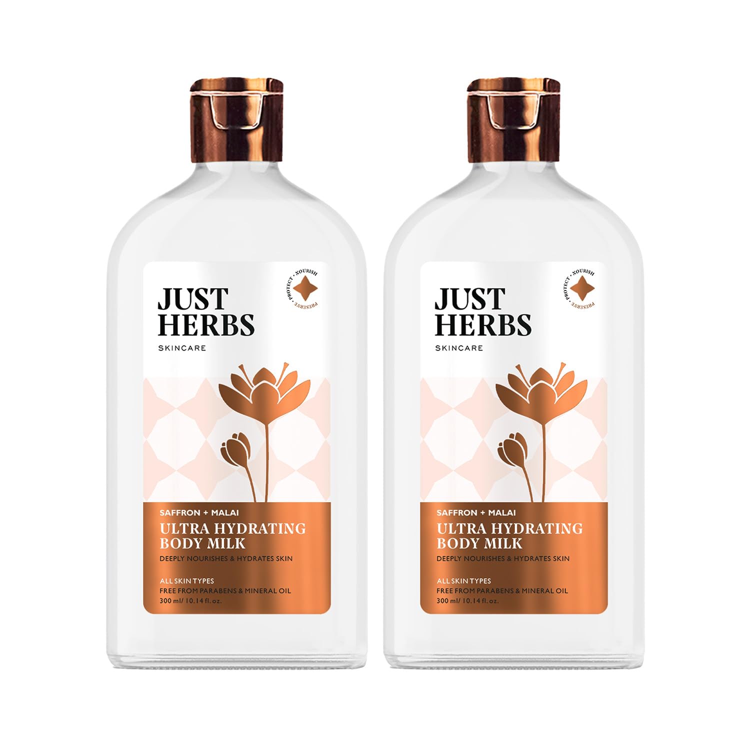 Just Herbs Saffron + Malai Nourishing Body Milk Moisturizer for Men & Women | Hydrating Body Lotion for Dull, Tired & Dry Skin | Suits All Skin Types - 300 ml(Pack of 2)