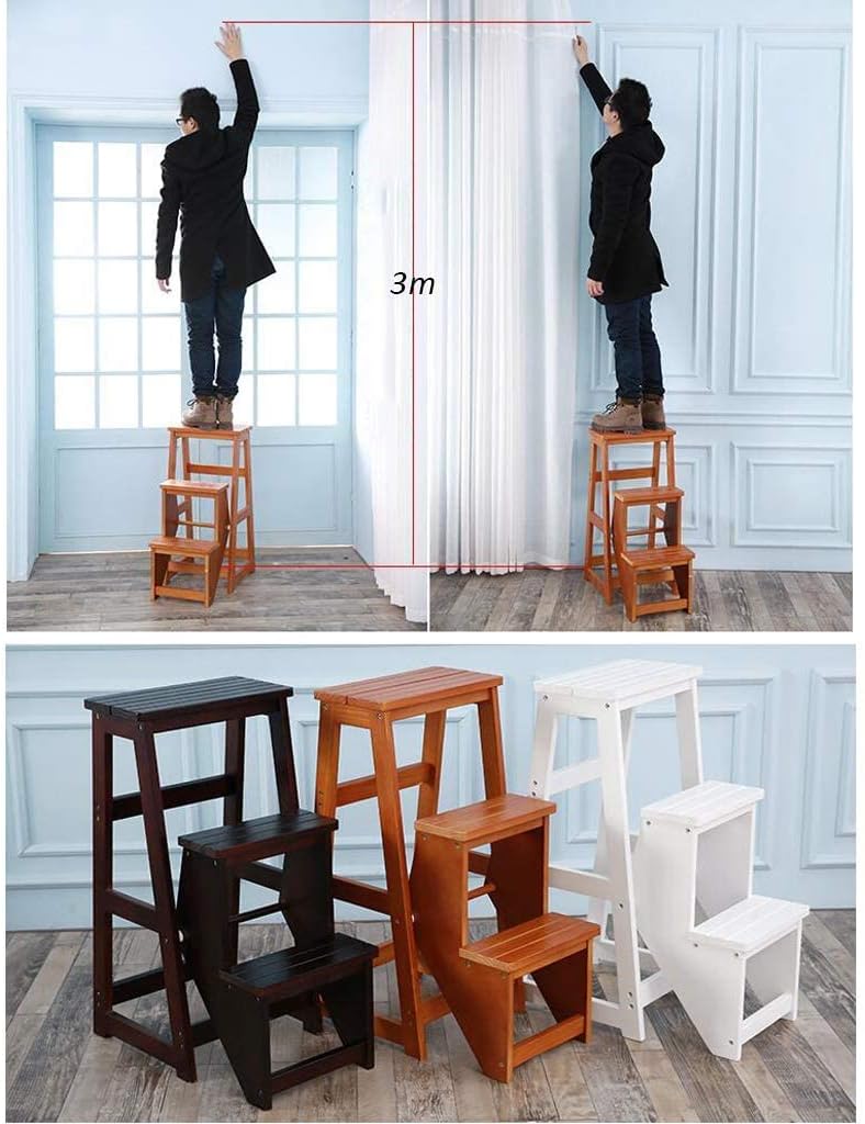 Kitchen Step Stools Folding Ladder 3-Tier Step Stool Wood Adult Foldable Bed Steps for High Beds for Adults Standing Shelf Units 300 lb Capacity (B)