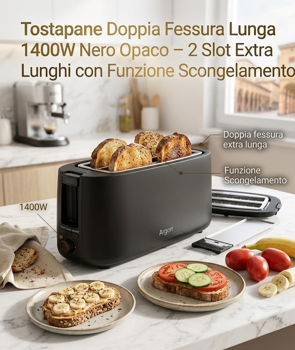 Tostapane Doppia Fessura Lunga 1400W Nero Opaco – 2 Slot Extra Lunghi con Funzione Scongelamento, Riscaldamento e Controllo Doratura – Vassoio Raccoglibriciole Estraibile
