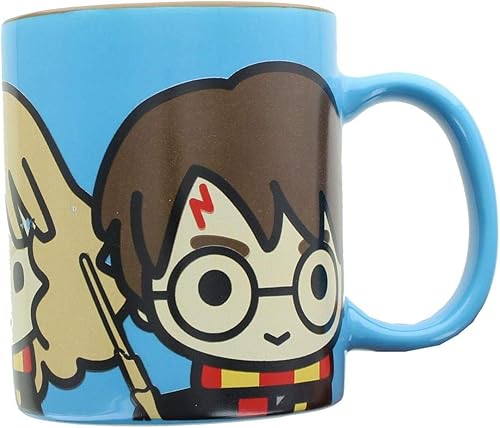 Harry Potter Coffee Mug, 11 oz - Blue with Harry, Hermione and Ron Chibi Design - Gift for Kids and Adults - Ceramic