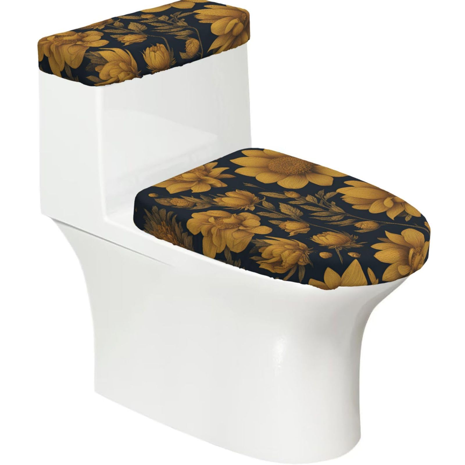 Many Golden Flowers 1 Print Stretch Toilet Covers Set, Polyester Covers Replacement For Fits Most Size Lids Bathroom Decor