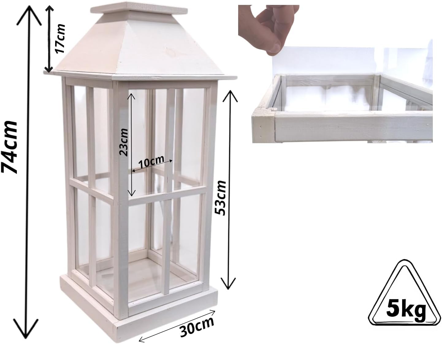 WEECO Farolillo grande de madera blanca de 74 cm – Elegante lámpara decorativa con plexiglás para salón, balcón, terraza y jardín