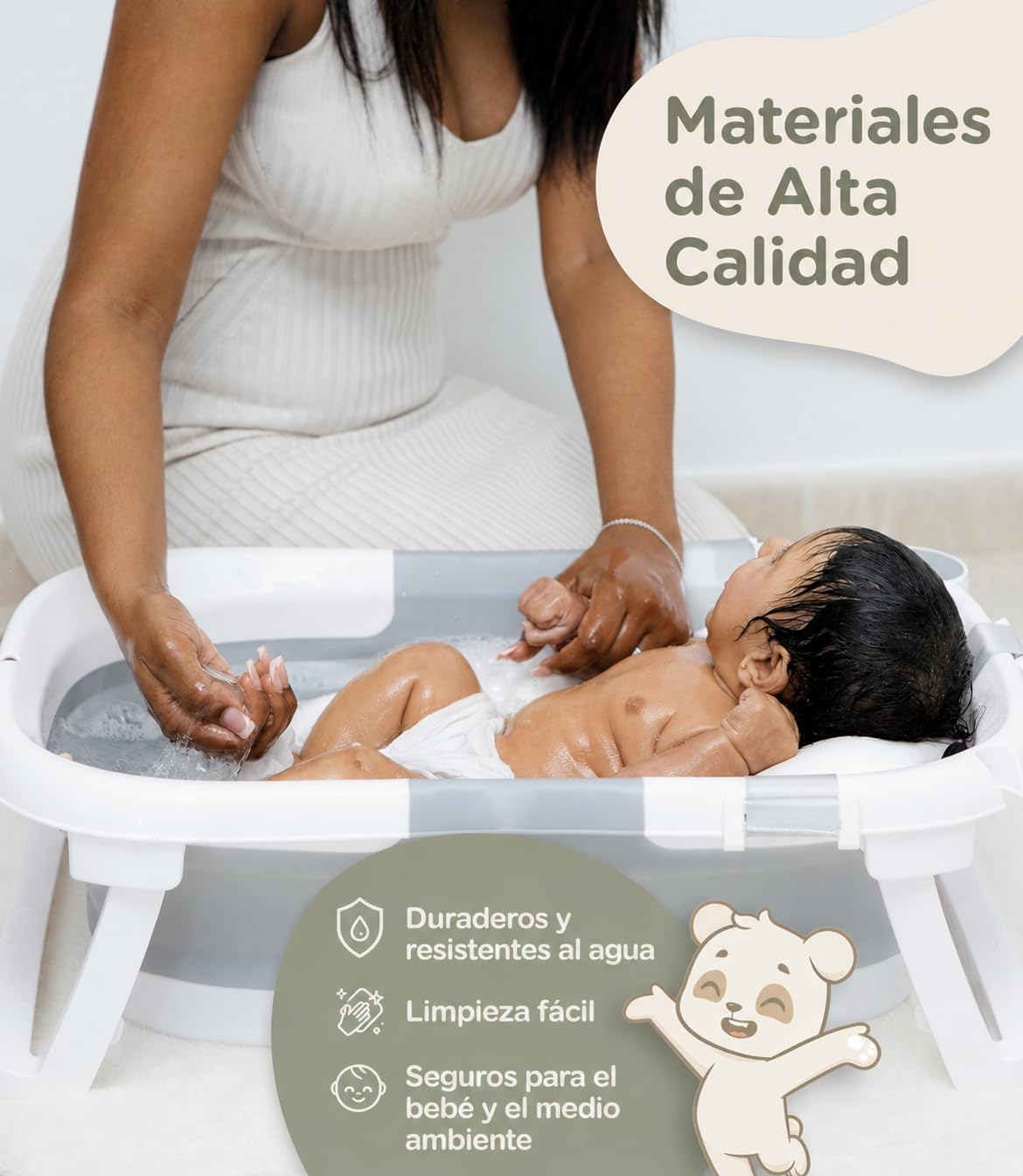 Bañera Plegable Bebe Portatil desde Recién Nacido Hasta 24 Meses + Cojín Panda Ergonómico Grande y Acolchado + Patas Antideslizantes Bañeras para Bebés Fácil de Limpiar Banheira Casa o Viaje | VALBABY