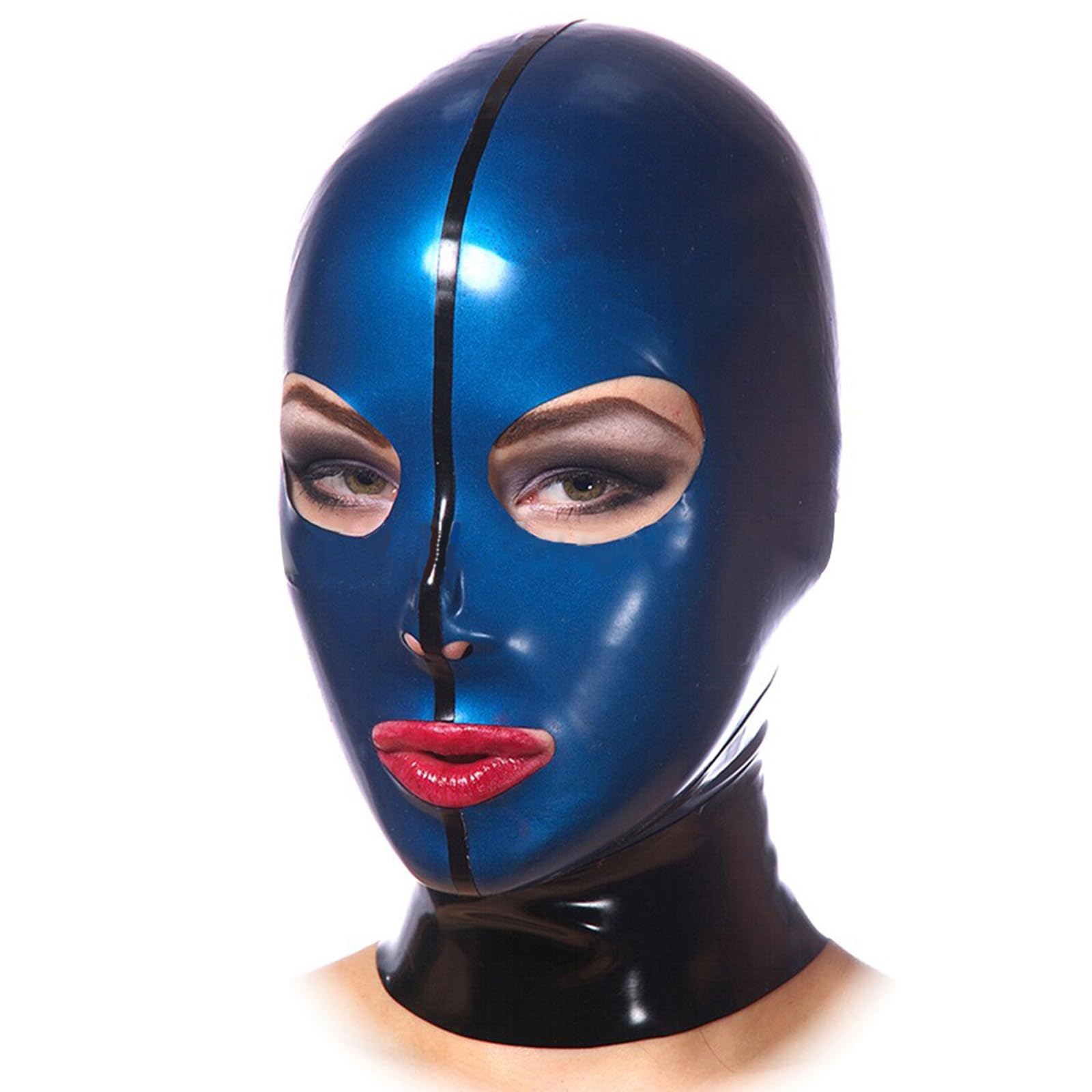 DSPENGS Blue BDSM Latex Hood All Inclusive Rubber Head Mask for Unisex Natural latex Open Eyes Mouth Club Cosplay(Size:XXL-73CM)