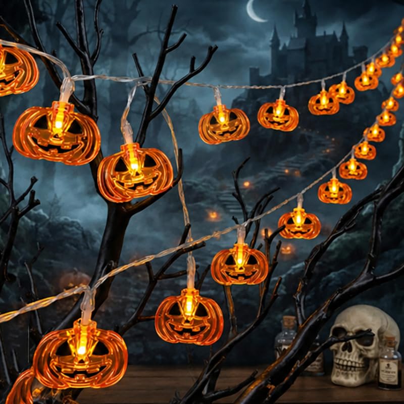 Halloween 10 FT (3M) Pumpkin String Lights, 20 LED Jack O Lantern Lights, Battery Operated Halloween Decorations for Indoor Outdoor Party, Home, Window, Patio, Garden