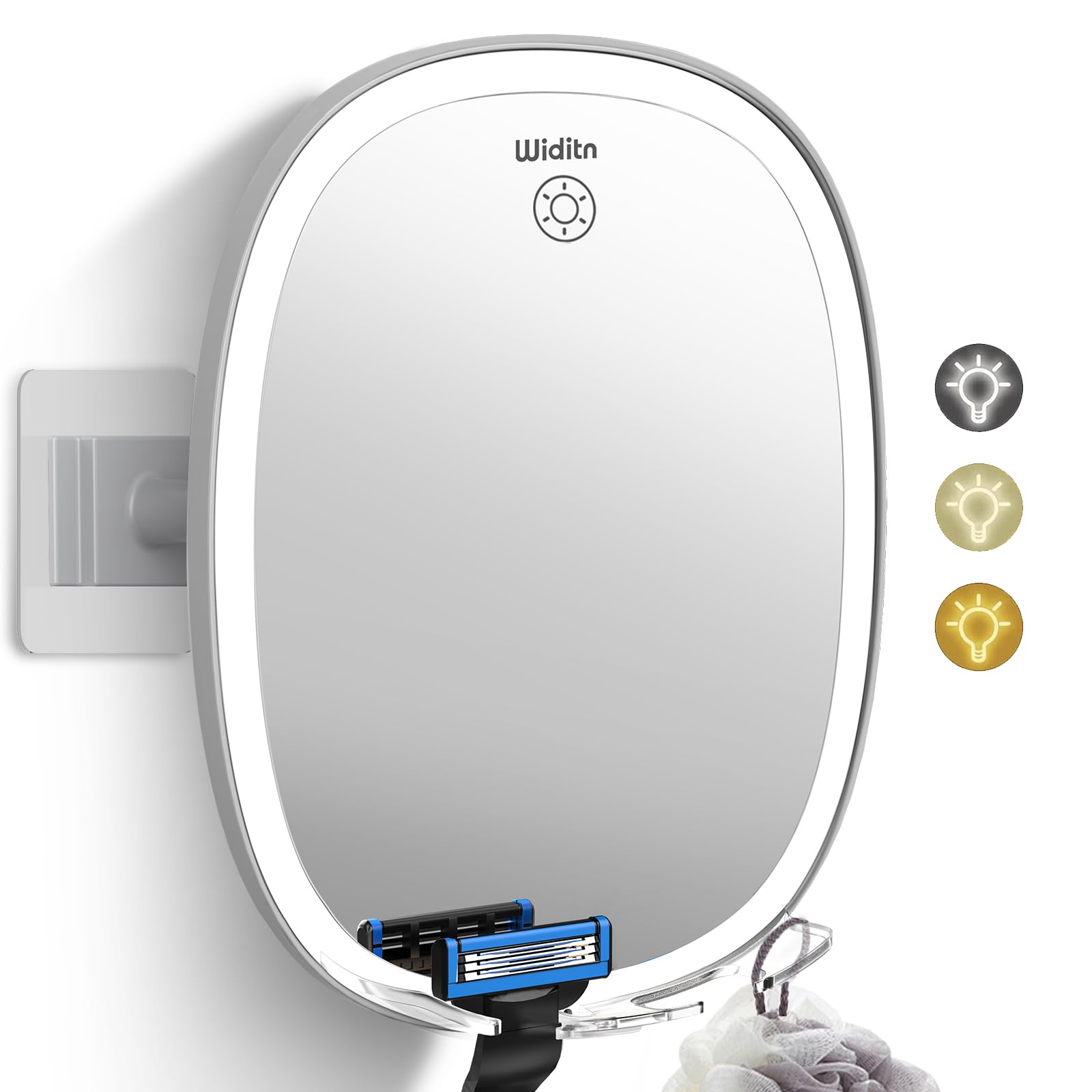 Shower Mirror Fogless for Shaving with LED, Adjustable Shaving Mirror with Razor Holder, 3 Colors Dimmable Lighting, Wall-Mounted, Shatterproof Anti-Fog Bathroom Shower Mirror for Man