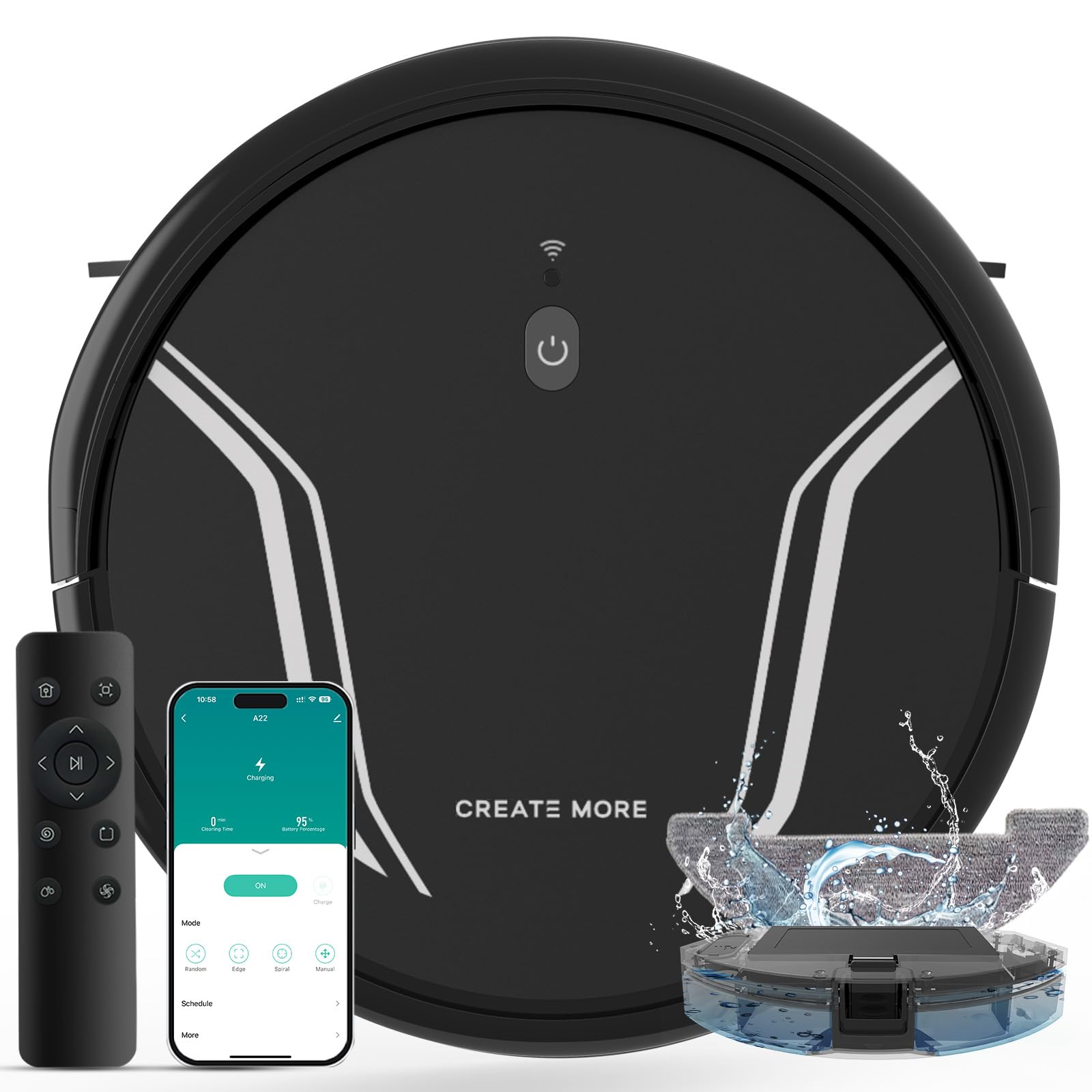 Bagotte Robot Vacuum and Mop Combo, 3-in-1 Robotic Vacuum Cleaner, 5000Pa Strong Suction with Auto Recharging,Tangle Free, Timing Function, App/WiFi/Voice/Remote for Hard Floor and Pet Hair