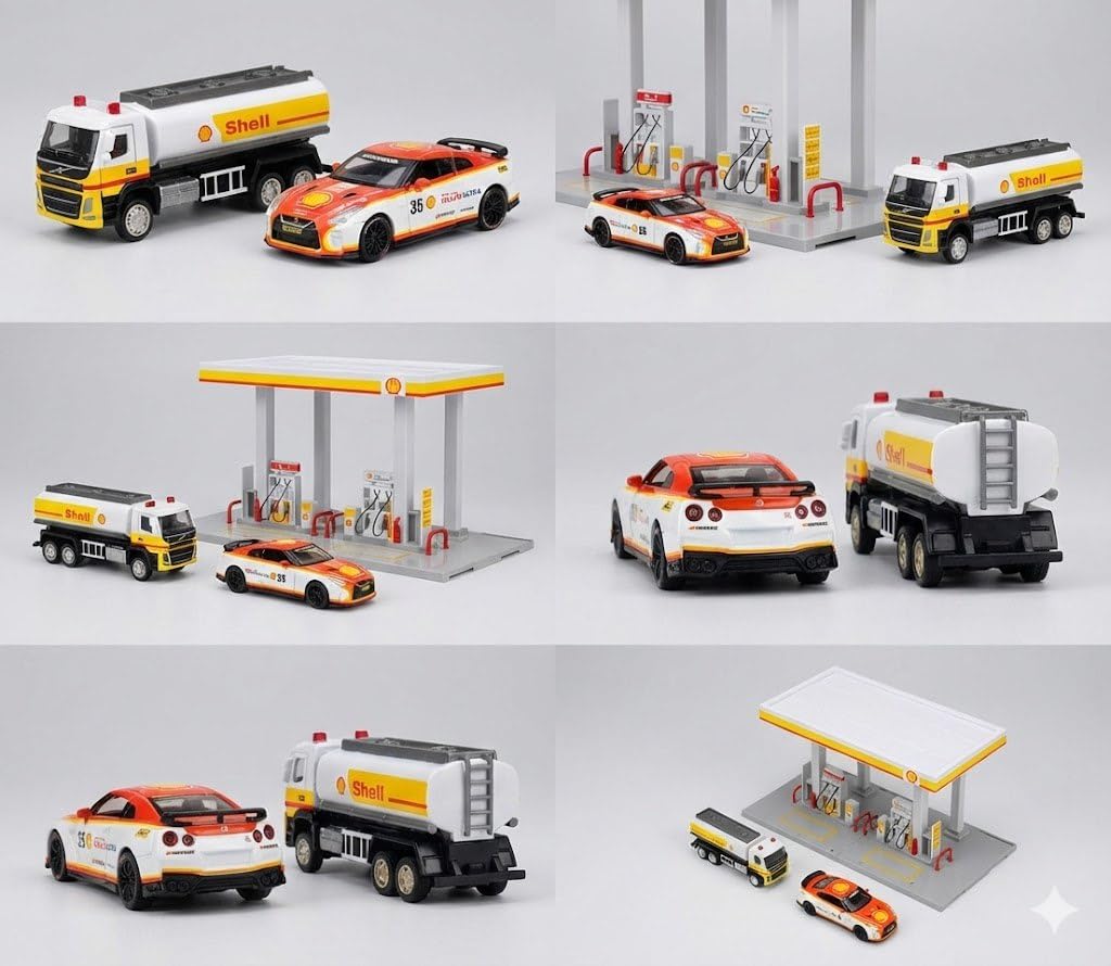 Tiudtoy CCA Shell Gas Station Playset – 1:72 Oil Tanker Truck & 1