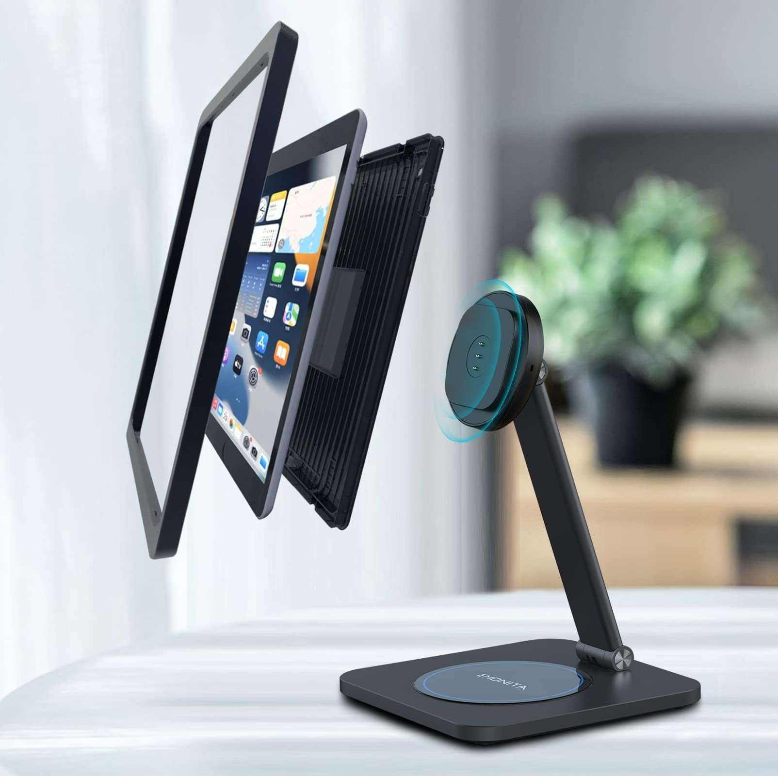 Magnetyczny stojak na iPada z bezprzewodową ładowarką do telefonu, szybkie ładowanie 45 W, obrót o 360 stopni, nachylenie 90 stopni (czarny, do iPada mini 21.1 cm)