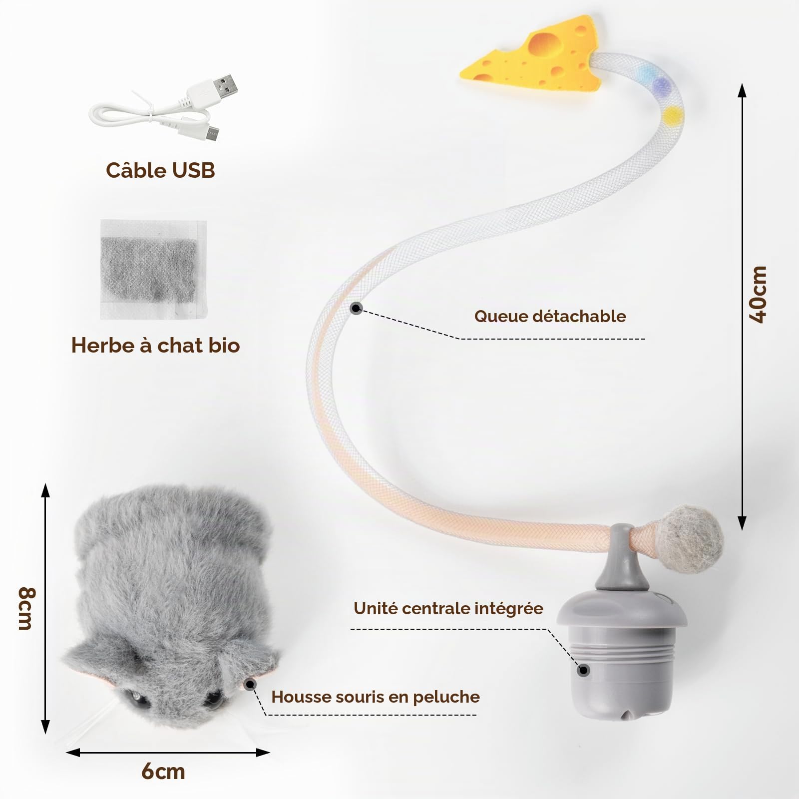 Migipaws Jouet interactif pour Chat, Souris électrique roulante avec Queue Qui remue, capteur Intelligent, couinement, Jouet pour Chat avec Herbe à Chat, Rechargeable
