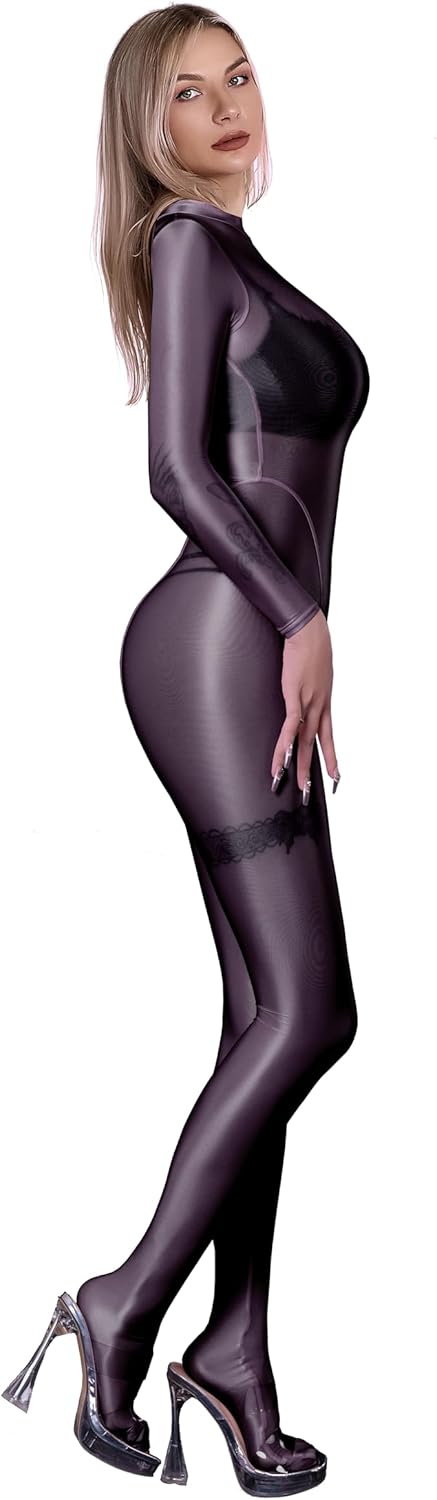 Ultra Sheer Full Bodysuit for Women Long Sleeves Shiny Jumpsuits One-Piece Glossy Catsuit Nylons Full Body Leotard - Image 2
