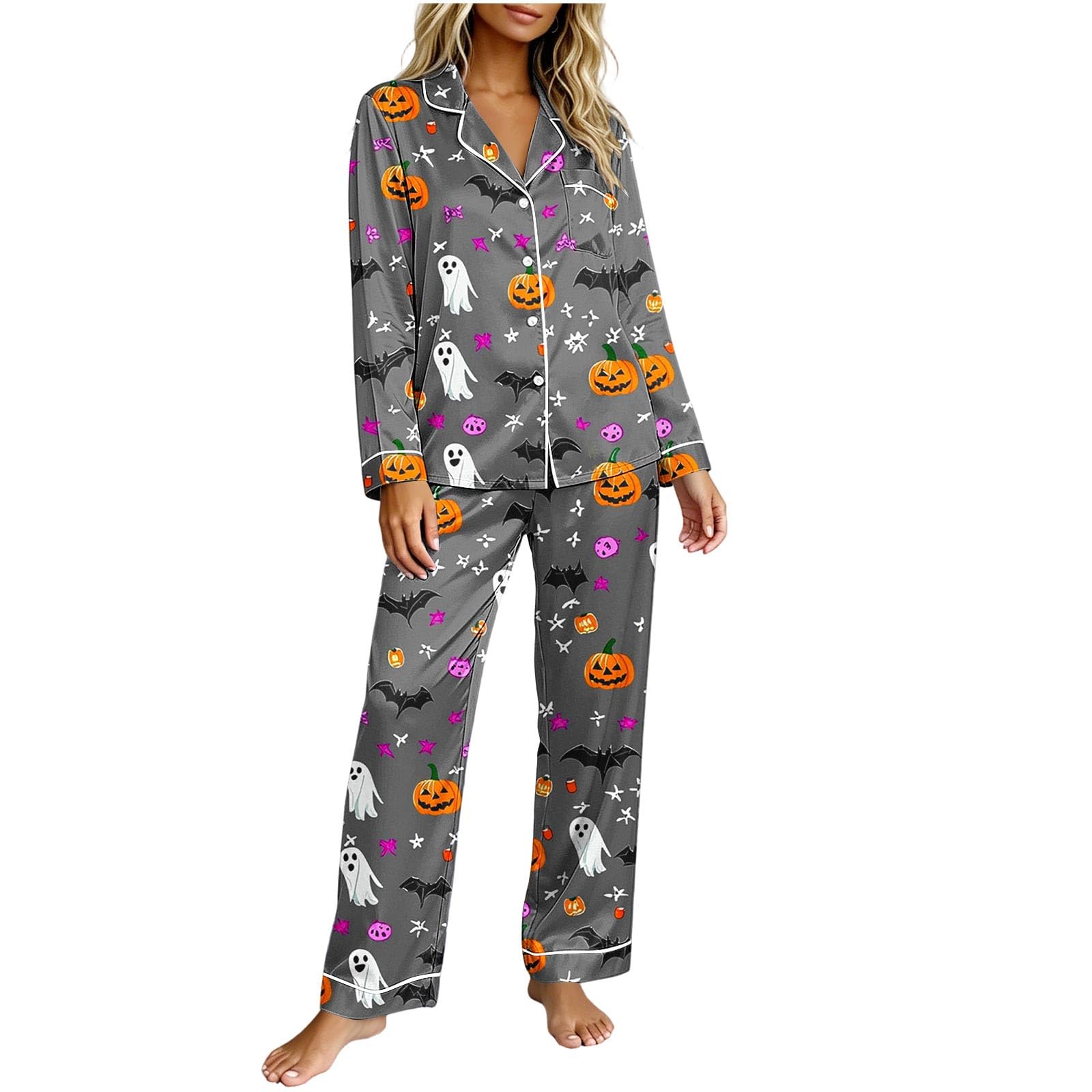Schlafanzug Damen Baumwolle mit Reverskragen, Halloween Pyjama