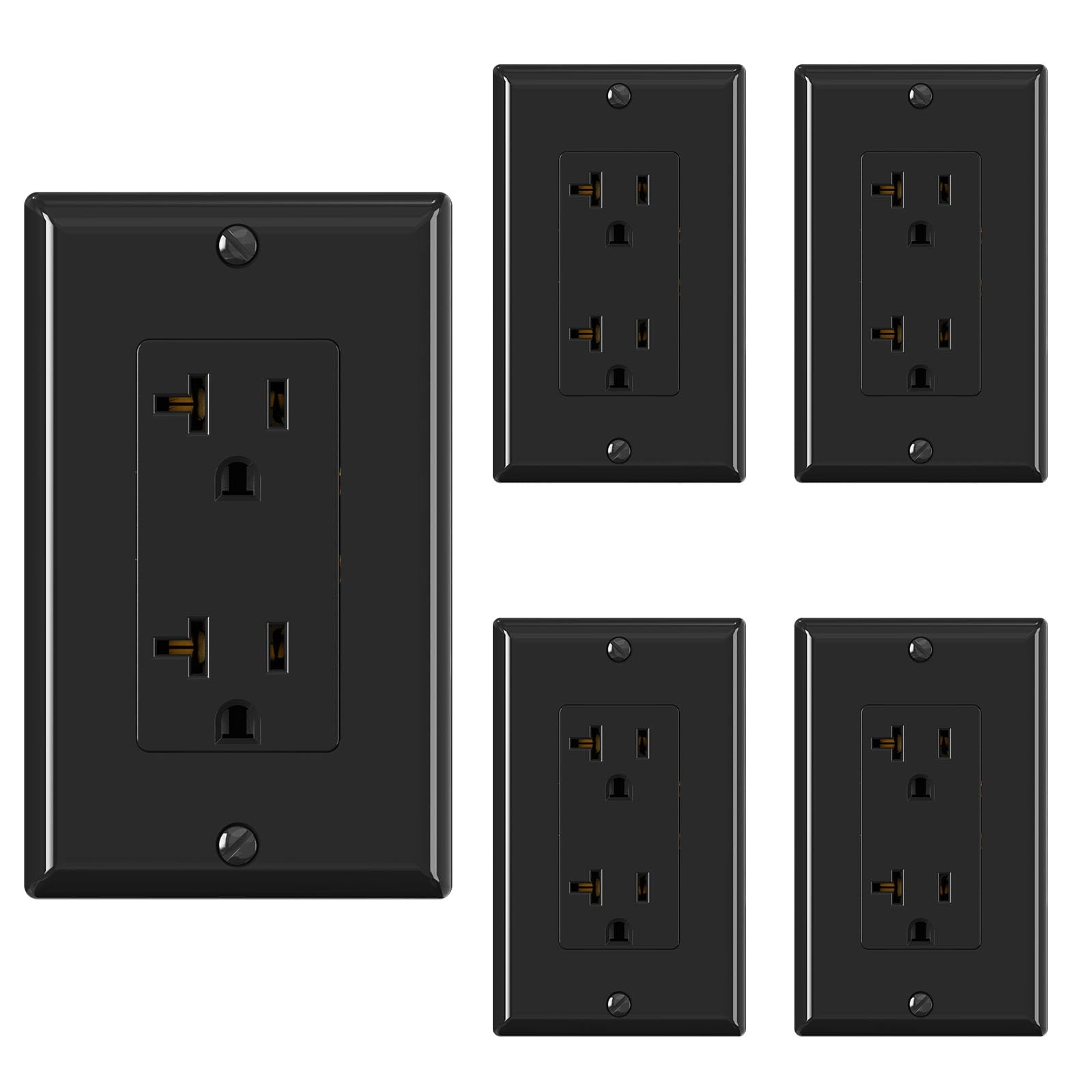 ELEGRP Glossy Black Decorator Electrical Wall Outlet Receptacle, 20A 125V Standard Outlets, 2 Pole 3 Wire, Non-Tamper Resistant, NEMA 5-20R, Self-Grounding, Wall Plate Included, UL Listed, 5 Pack