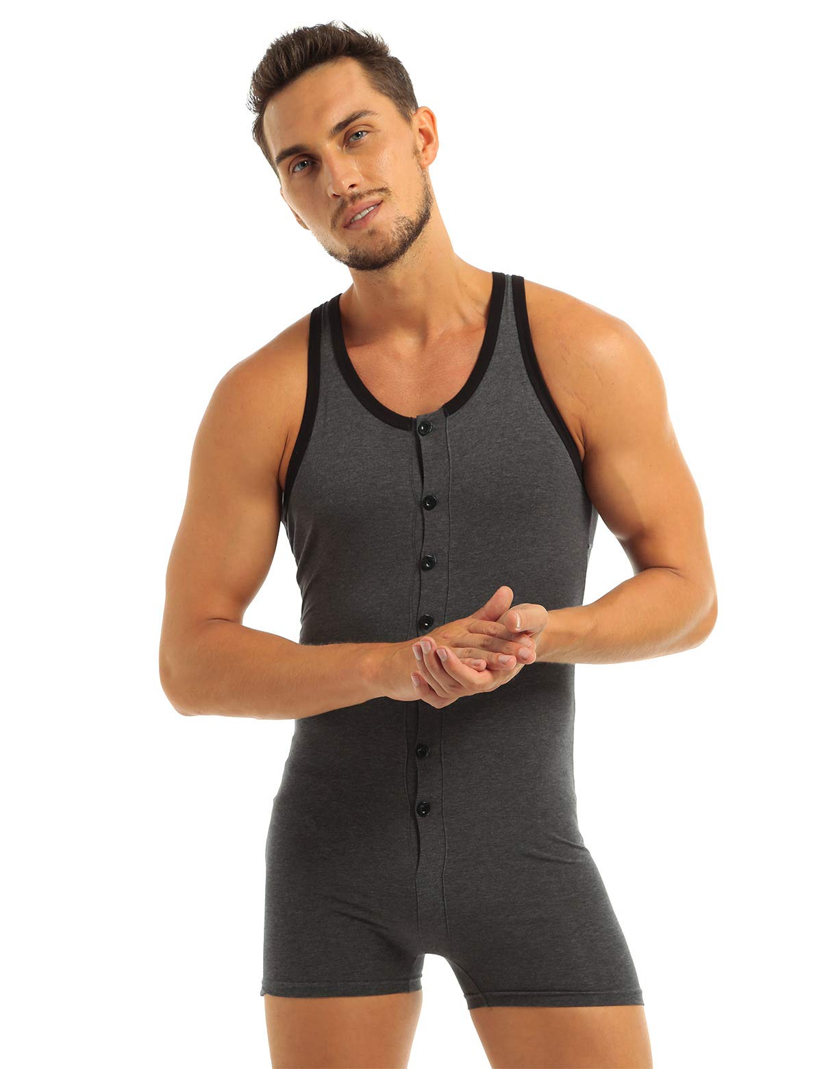 tuta da uomo in cotone con gamba, senza maniche, canotta sportiva, biancheria intima con bottoni, body da uomo grigio. L