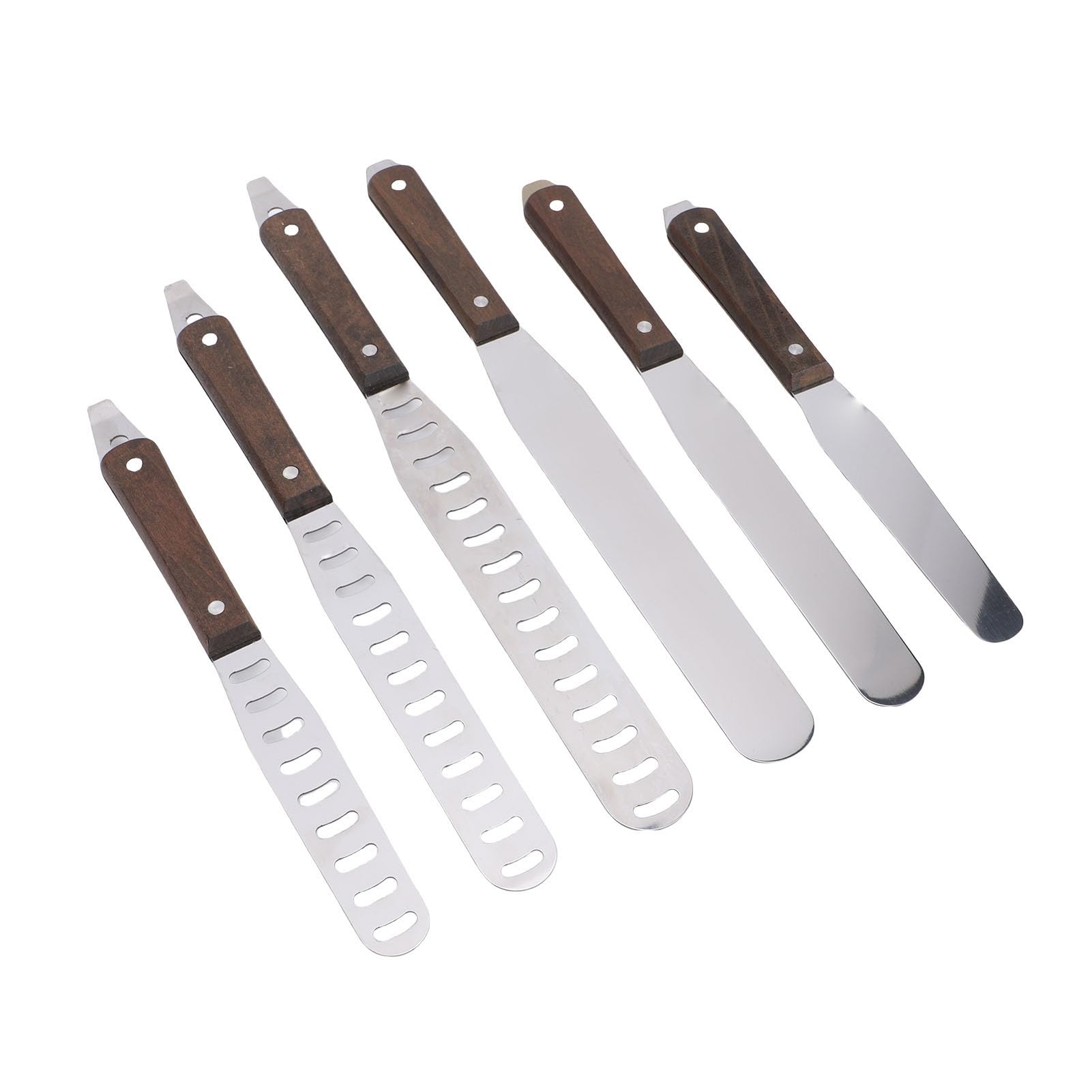 Juego de espátulas de acero inoxidable para repostería con mango de madera.