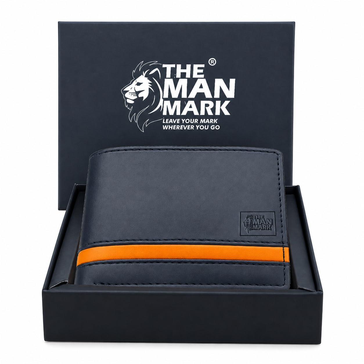 the man mark Men's Luxury Leather Wallet – Slim Bifold Wallet with Gift Box – Navy Blue with Orange Stripe – Stylish and Secure Card & Cash Holder-picture-11