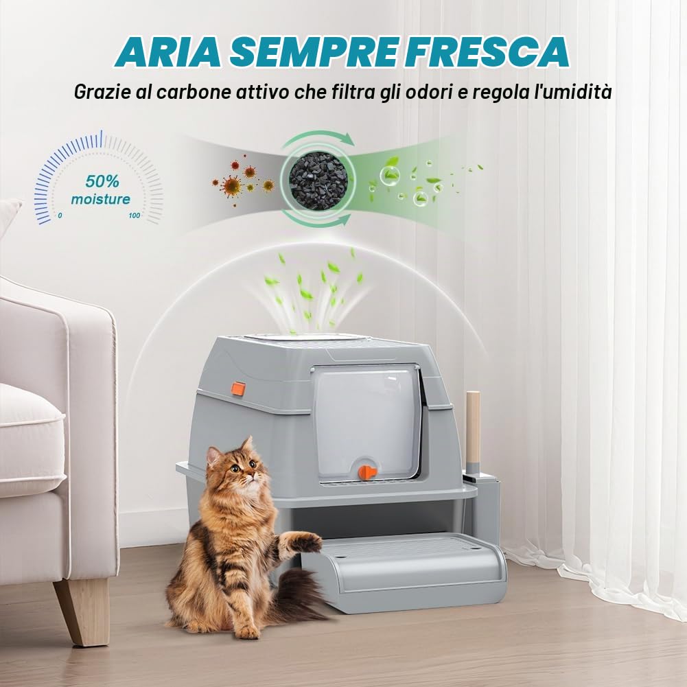 Lettiera per gatti grande XL, in acciaio inox con coperchio, in acciaio inox con coperchio, scatola per gatti chiusi, bordo alto, due ingressi, pala + tappetino + passo pedale, 60 x 40 x 39,5