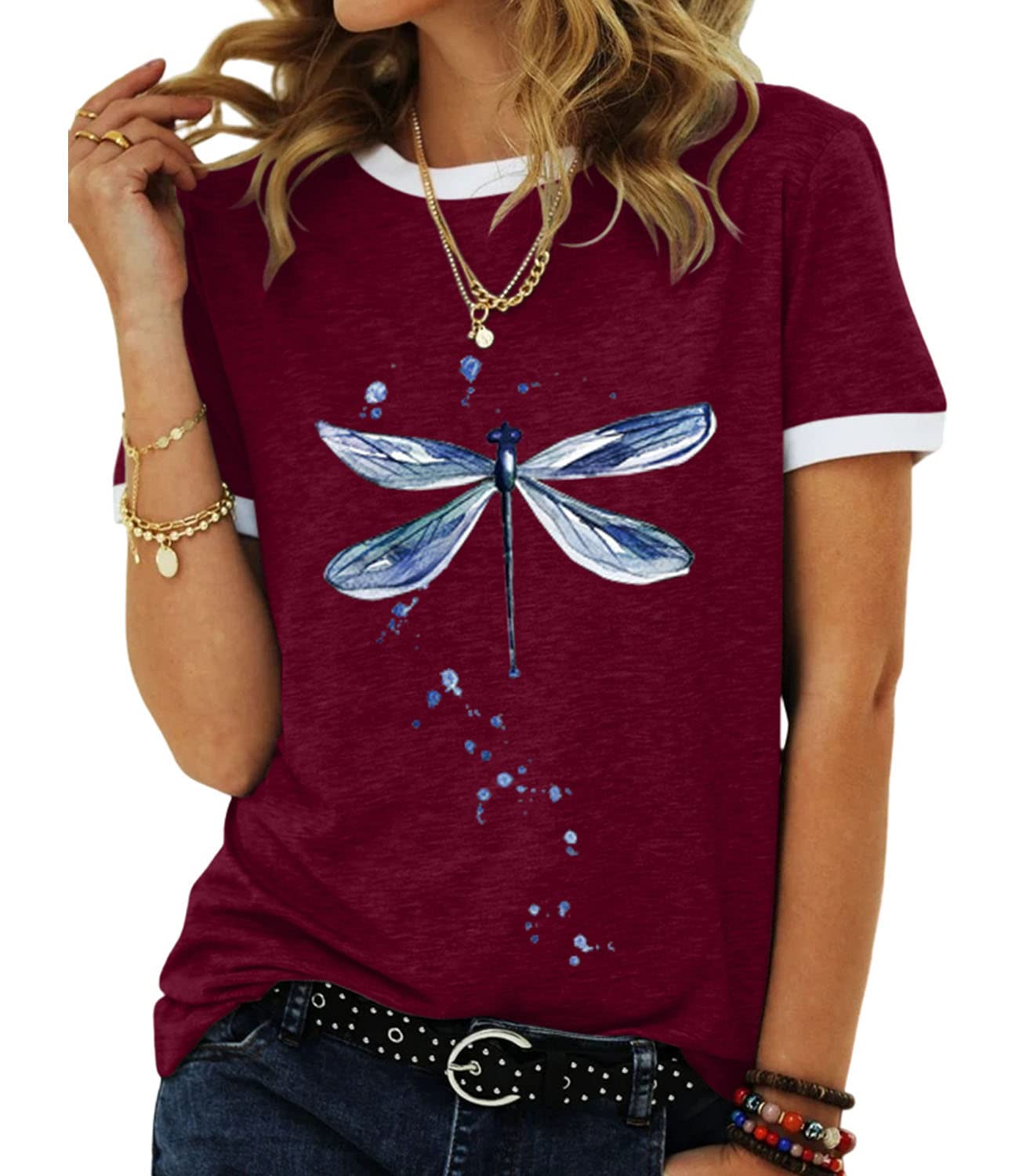 JNIFULI Women's Graphic Tees Casual Summer Funny Dragonfly Printed Short Sleeve Cute T Shirts Tops